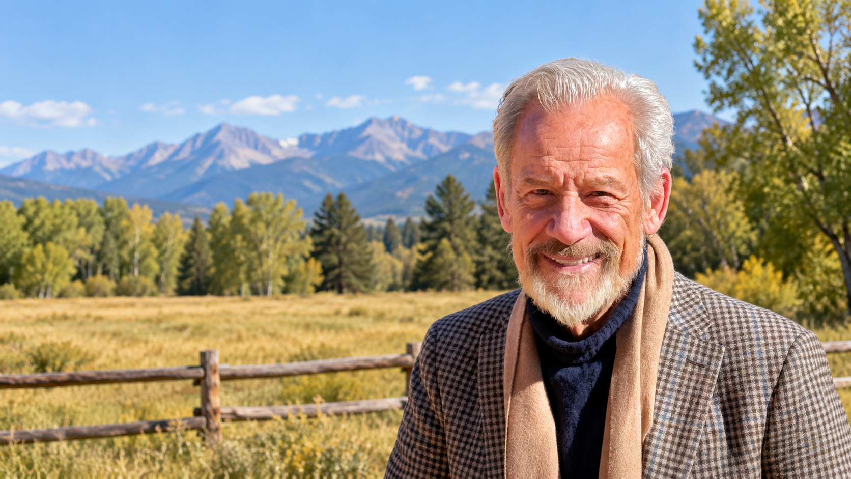 Doug Tisdale in a semi-rural Colorado landscape with mountains and a split-rail fence